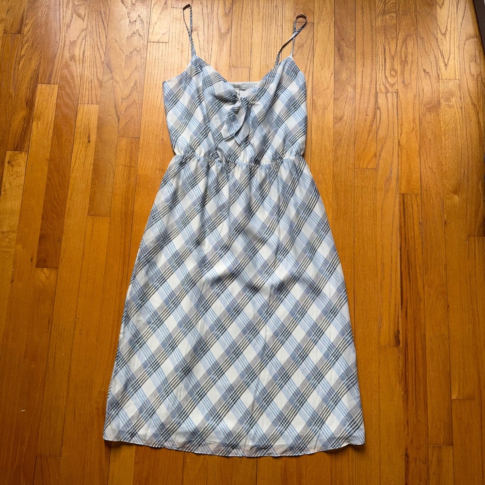 Joie Silk Plaid Tie Front Midi Dress Blue White Size M Silk Cottagecore Brunch